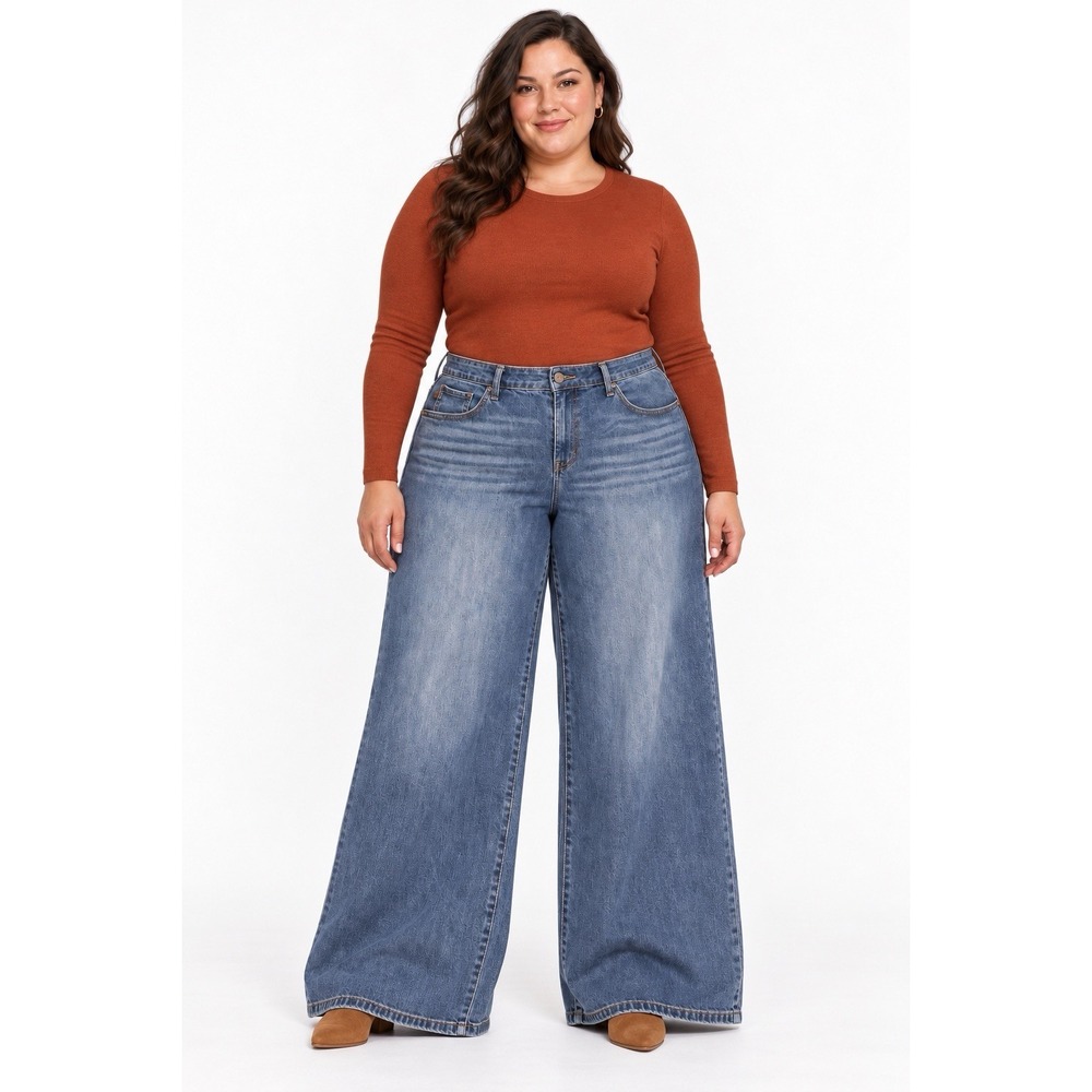 Judy Blue Palazzo Jeans 22W High Rise Wide Leg Stretch Denim Medium Wash - Picture 1 of 12